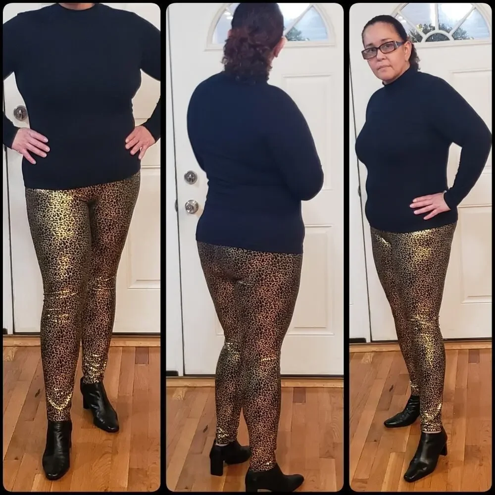 Metallic Leopard Leggings Spandex‎ Party Holiday Date Night Women's Size Medium